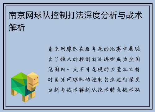 南京网球队控制打法深度分析与战术解析